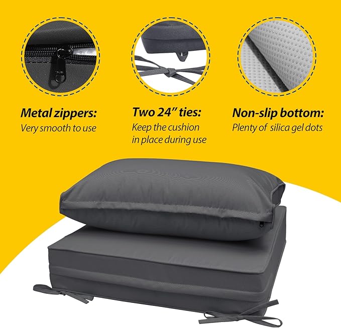 AAAAAcessories Outdoor Deep Seat Cushions, Waterproof, Fade-Resistant Patio Furniture Replacement Cushions, 23.5" x 25.5" x 5" + 23.5" x 13.5", Set of 4, Dark Gray