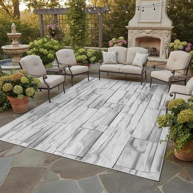 Vintage Abstract Old Brick Wall Texture Outdoor Waterproof Rug 4x6 Minimalist Gray White Stone Texture Outdoor Area Rug for Backyard Balcony Patio Deck Pool Washable Garden Courtyard Outside Mat