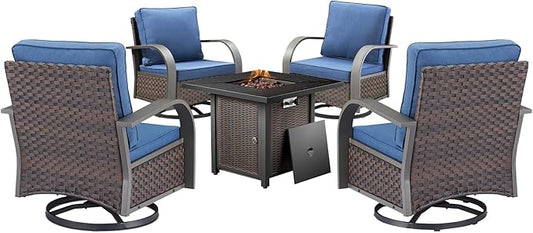 HUMMUH Outdoor Furniture with Fire Pit -Patio Table and Chairs Set of 4 Swivel Patio Chairs for Deck Porch Garden Poolside Backyard-Brown/Blue