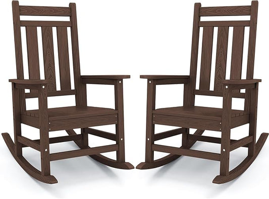 KINGYES Outdoor Rocking Chair Set of 2, All-Weather Patio Rocking Chairs for Porch, HDPE Rocking Outdoor Chairs with High Back for Adult, Heavy Duty Outdoor Patio Rockers for Garden, Lawn, Coffee