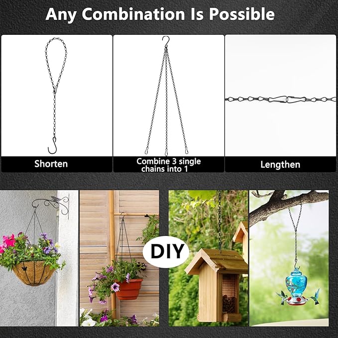 garini 26 Inch Hanging Basket Chain with Hooks, Black Hanging Chain for Hanging Bird Feeders, Billboards, Chalkboards, Basket, Planters, Lanterns, Wind Chimes and Decorative, 8 Pack