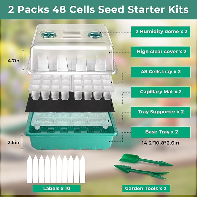Self-Watering Seed Starter Tray 2 Packs, 96 Cells Seed Starter Kit with Humidity Vented Domes and High Lid, Germination Kit for Indoor Greenhouse Seed Starter