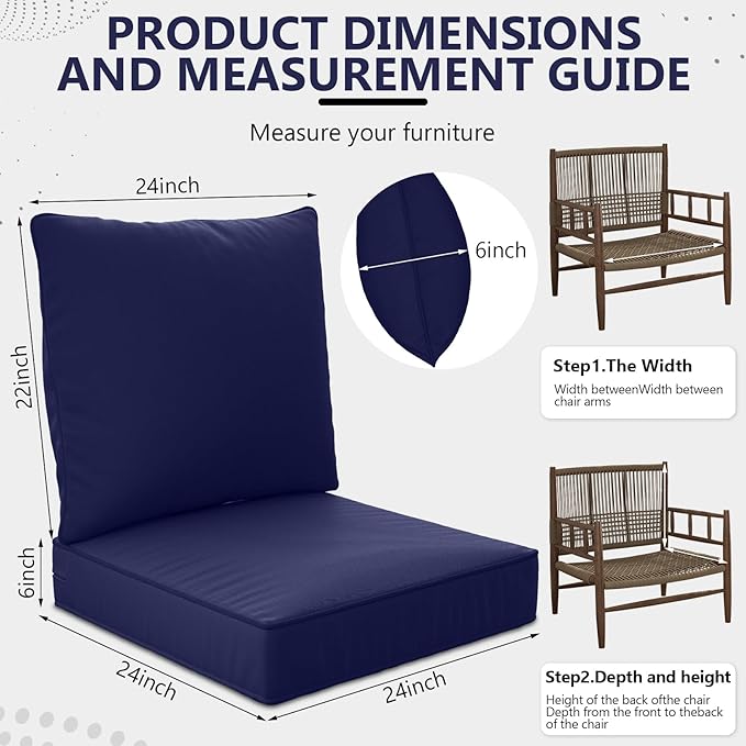 24" x 24" x 6" Outdoor Deep Seat Cushions Set - 2 Set Waterproof & Fade Resistant Patio Furniture Replacement Cushions, Non-Slip Outdoor Cushions Fit Loveseats, Couches, Chairs, and Sofas.