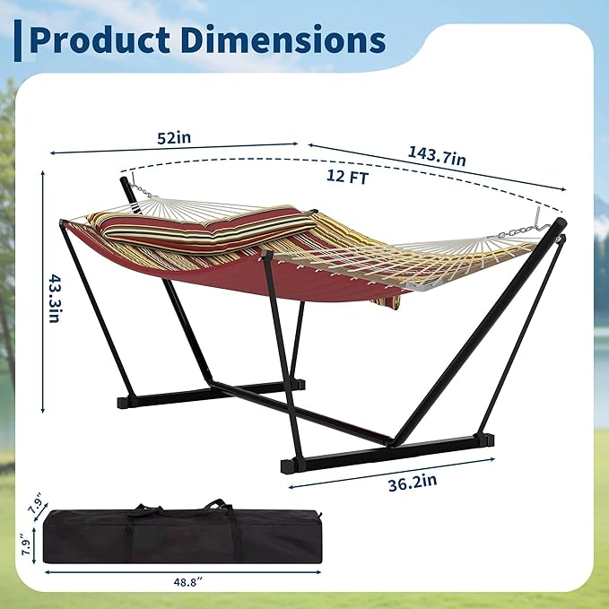 Portable 2 Person Double Hammock with Sturdy Heavy-Duty Steel Stand – 450LBS Max Load, Quick & Effortless Assembly, Perfect for Indoor Living, Yard, Patio & Camping Trips
