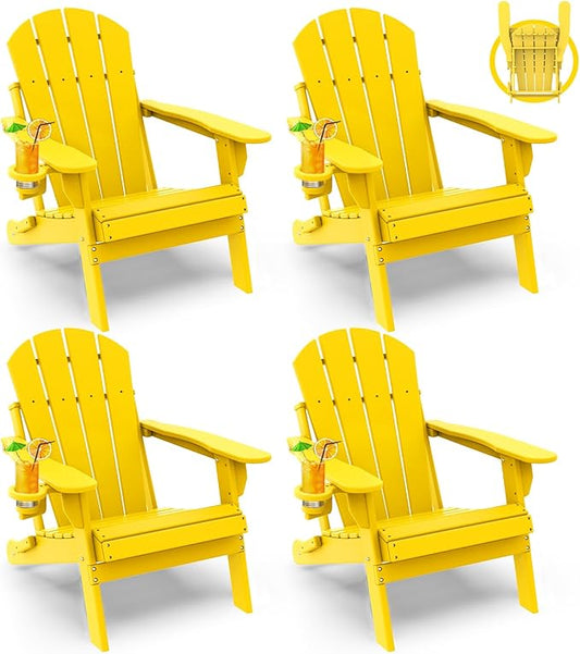GREENVINES Folding-Adirondack-Chairs-Set-of-4 | HDPE Plastic | Fire Pit Chair | All Weather | Cup Holder | Yellow | for Deck Backyard Patio Outdoor Garden