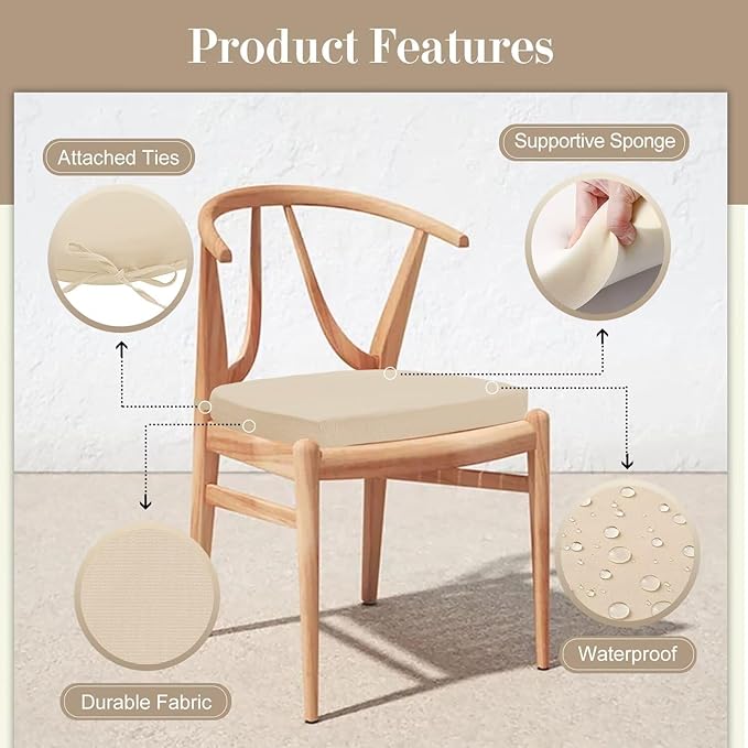 Cozyide Outdoor Chair Cushions, Waterproof Patio Seat Cushions with Adjustable Straps, Round Corner Patio Chair Cushions for Garden, Beige, 17x16x2 Inch (Pack of 4)