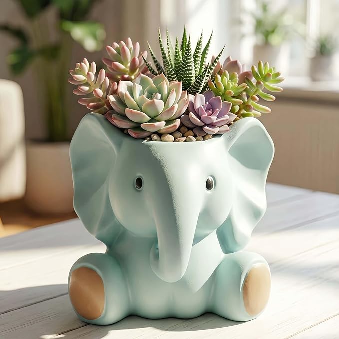Small Plant Container | Unique Resin Flower Pot Sculpture | Succulent Flower Pot | White Elephant Gifts for Women | Perfect Plant & Elephant Gifts | Indoor & Outdoor Use (Blue)