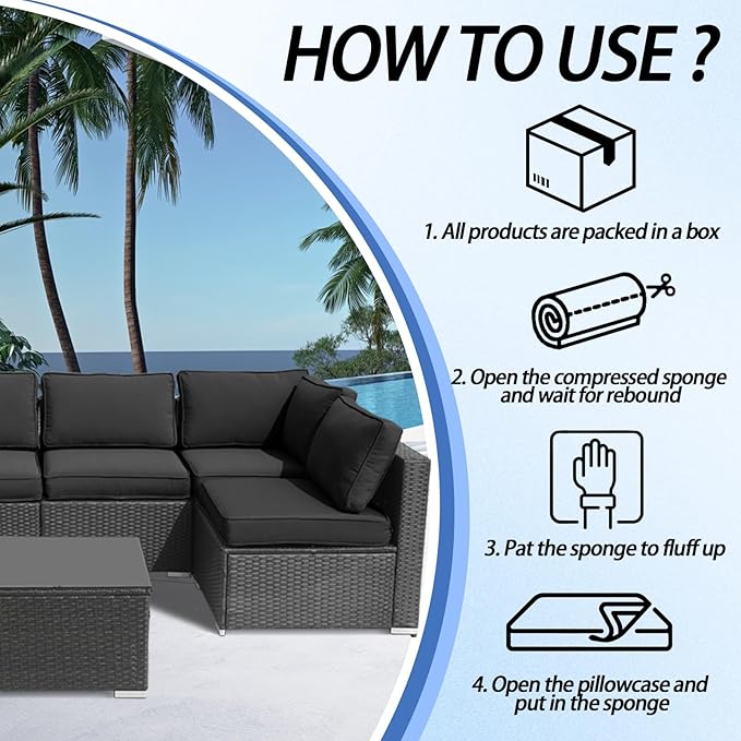 Patio Furniture Cushions,14Pieces Water-Resistant Outdoor Replacement Cushions,Sectional Sofa Cushions for Fits 6-Seats Rattan Wicker Patio Conversation Sets(Black)