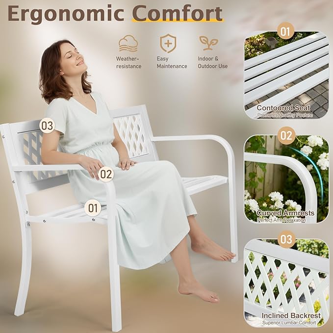 Outvita Outdoor Bench, 47" Iron Steel Frame Garden Bench with Mesh Pattern and Plastic Backrest Armrests, Patio Bench for Garden Park Yard Front Porch Patio, White