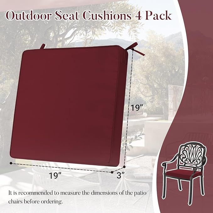 Basic Beyond Outdoor Chair Cushions for Patio Furniture, Waterproof Outdoor Seat Cushions Set of 4 19 x 19, Patio Chair Cushions Set of 4 with Ties and Handle, Burgundy