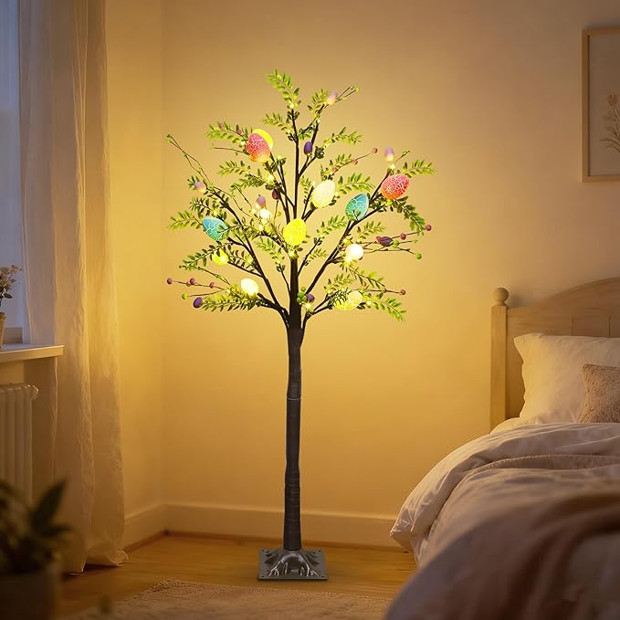 DR.DUDU 4FT Lighted Easter Tree with Timer, Pre-Lit Artificial Egg Trees with Colorful Eggs & LED Lights, Easter Decorations for Home Indoor Outdoor, Spring Decor for Porch, Office