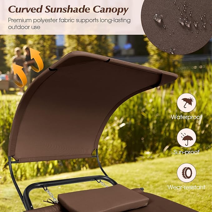Giantex Hanging Hammock with Stand, Patio Hanging Chaise Lounge Chair w/Canopy, Cushion, Pillow & Storage Bag, Heavy Duty Swing Hammock Bed for Garden Lawn Backyard Patio Poolside Porch (Brown)