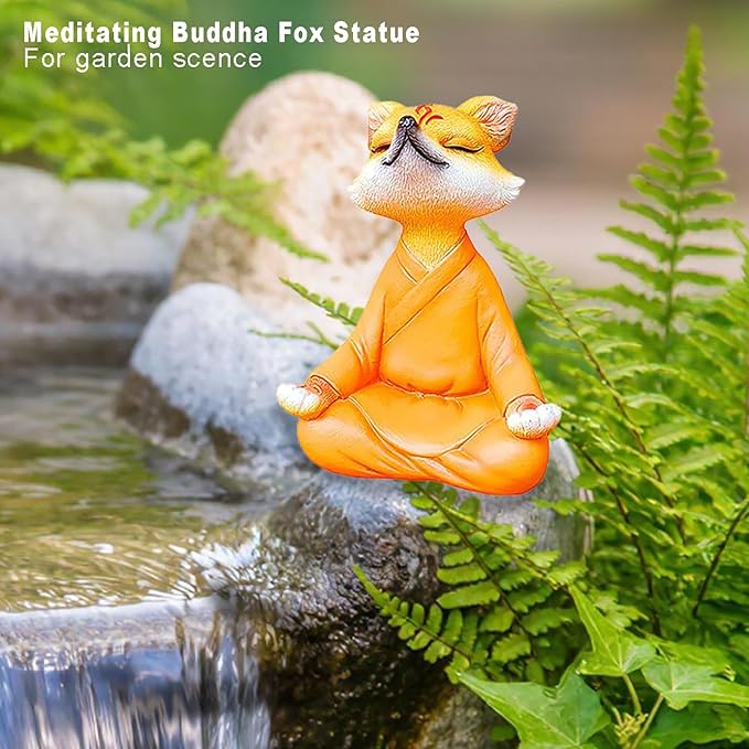 Meditating Buddha Fox Statue Resin Zen Animal Sculpture Yoga Figurine Indoor Outdoor Fengshui Decor for Patio Garden Yard Lawn Tabletop Planter Ponds Pot Bookshelf Spiritual Gifts Ornaments Orange