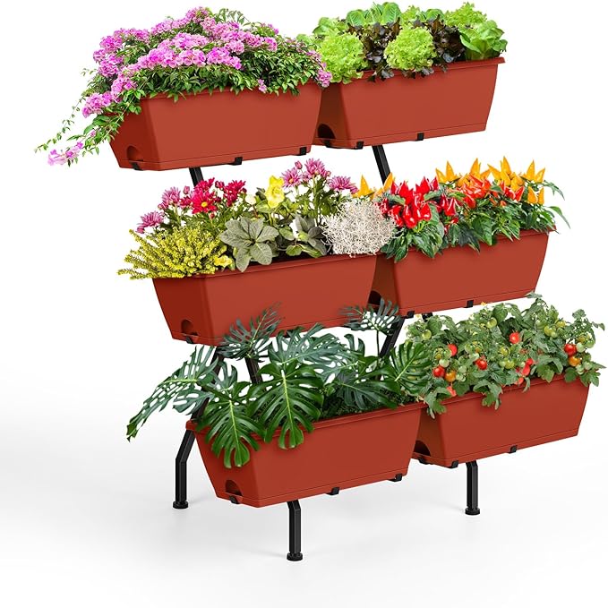 Raised Garden Beds Vertical Garden Planters Indoor Outdoor Standing Raised Planter Box with Legs, Plastic Raised Bed Tiered Planter Boxes Elevated Herb Flower Beds for Vegetables, Balcony, Patio, Red