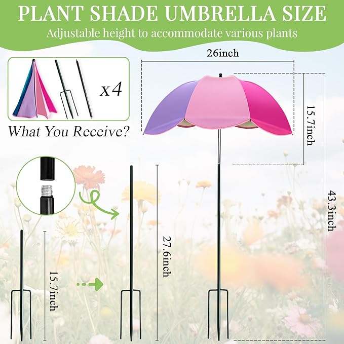 Colorful Plant Umbrellas for Outdoor Plants, Large (40") Sun Protection Shade Cover with M-Shaped Insert, Garden Shades for Potted Plants, Garden Beds, Patio Flower (4 Pcs)