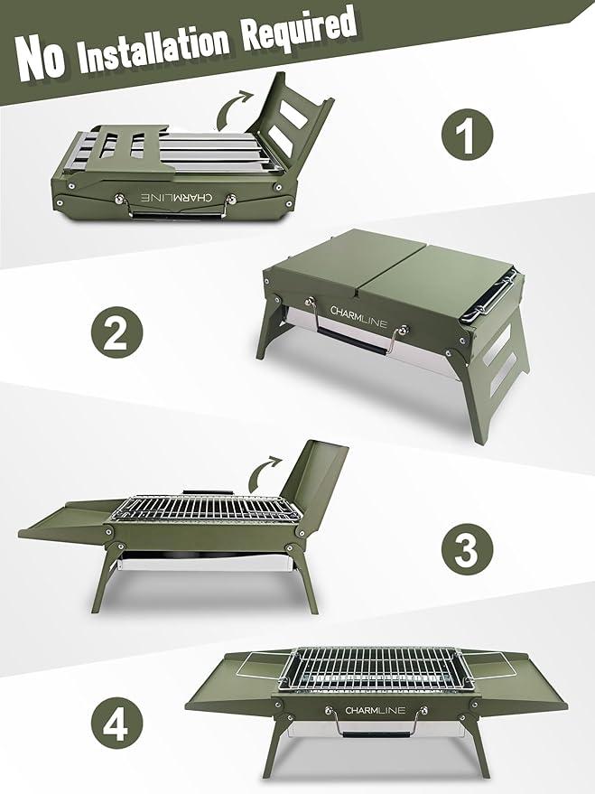 Charmline 14x9 inches Small Portable Charcoal Grill, Christmas Gift for Outdoor Enthusias, Tabletop Charcoal Grills for Camping, Picnics, Gardens and Beach Parties, Green