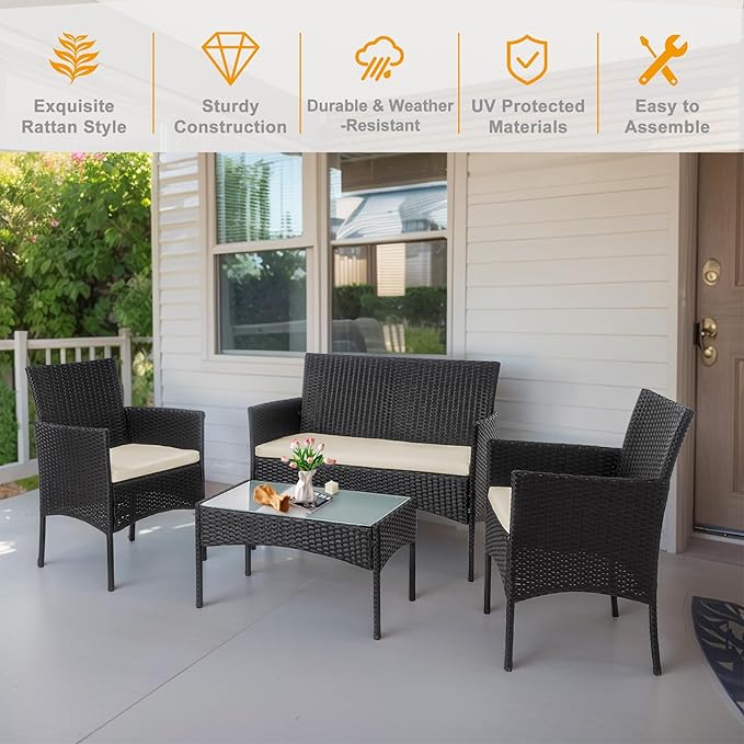 PROHIKER 4 Piece Outdoor Wicker Patio Conversation Furniture Set, Rattan Chair Wicker Sofa Garden Conversation Sets with Cushion and Glass Table for Yard Pool or Backyard, Black/Beige
