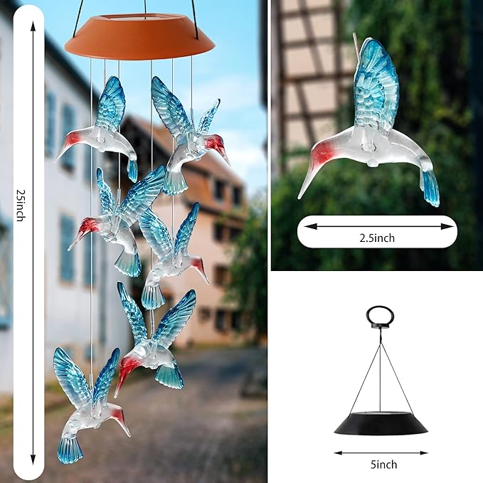 Hummingbird Wind Chimes Outdoor Color Changing Solar Mobile Light Outdoor Decoration Gifts for Grandma Birthday Gifts for Women Garden Memorial Wind Chimes (Blue)