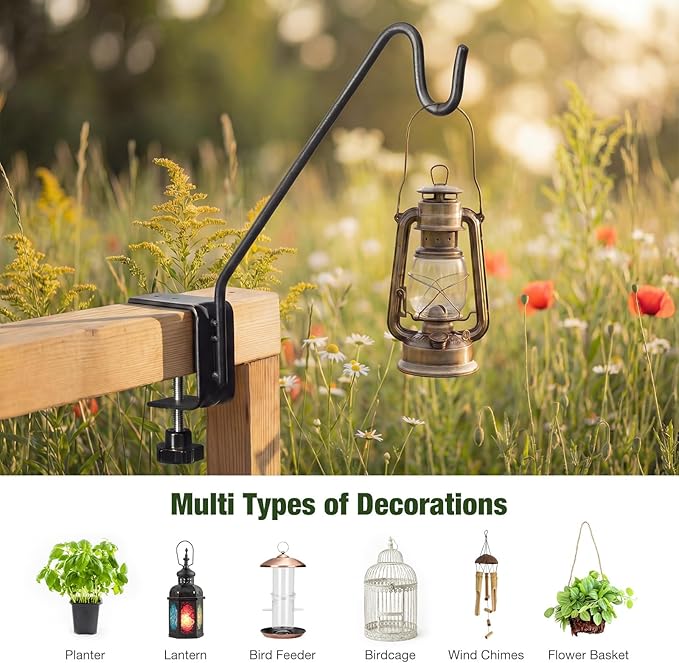 Kingsyard Middium Heavy Duty Deck Hook - 10 inch Metal Deck Railing Hooks for Hanging Bird Feeders, Planters, Suet Baskets, Lanterns, Wind Chimes