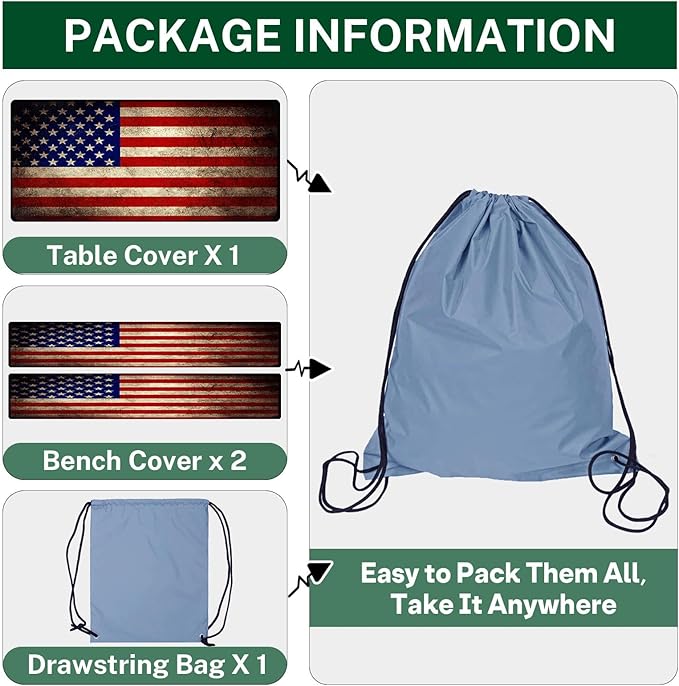 Picnic Table Cover with Bench Covers Elastic Edges, American Flag Fitted Table Cover, Outdoor Patio Camping Essentials 72 Inch 3PCS, Waterproof Camping Fitted Tablecloth with Drawstring Bag