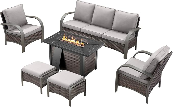 HUMMUH Outdoor Patio Furniture Set with Fire Pit-PE Wicker Patio Chairs Set of 2 with Rattan Sofa Patio Conversation Set for Deck Porch Garden Poolside Backyard-Brown/Grey