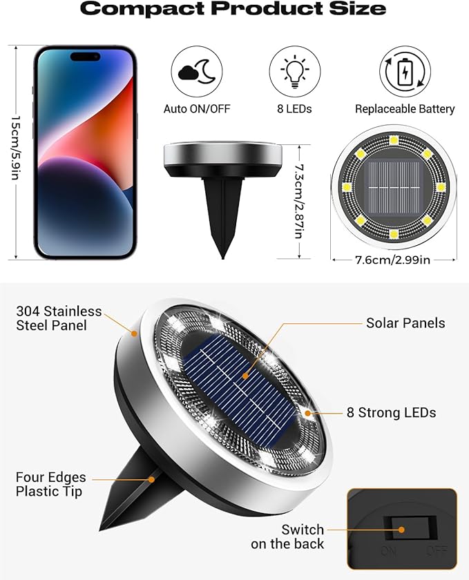 btfarm 24 Pack Solar Ground Lights Outdoor, 8 LED Solar Disc Lights IP65 Waterproof Flat Solar Lights, Pathway Lights Solar Powered for Garden Lawn Patio Yard Path Landscape, Cool White