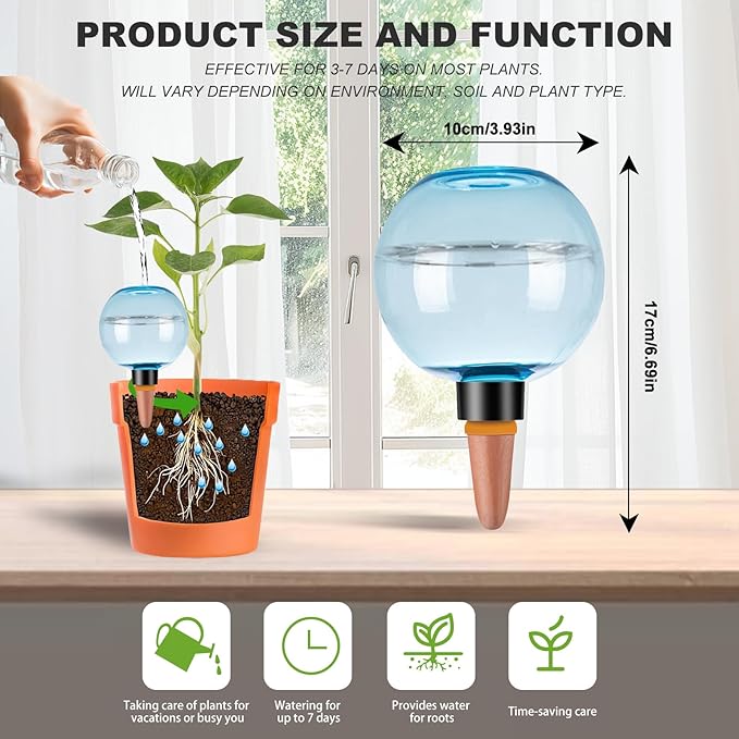 4 Pack Self Watering Globes 17oz Large Plant Watering Globes Top Fill, Self Water Planter Insert Indoor/Outdoor Plastic Water Bulbs Slow Release Terracotta for Plants, Blue