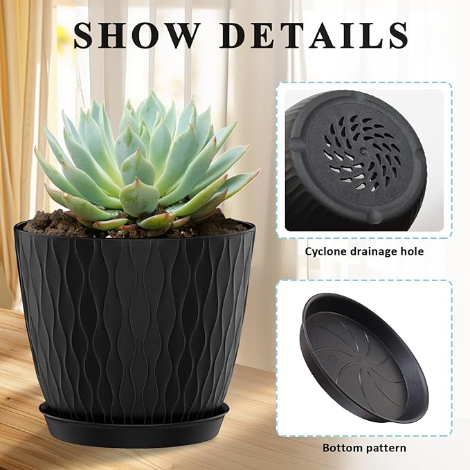 Flower Pots Outdoor Clearance 6 inch Set of 5 Succulent Planters for Indoor Plants Garden Home Holiday, Plastic Nursery Pots for Plants with Drainage Holes and Saucer, Modern Plant Pot Black