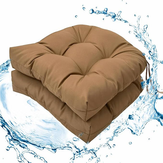Outdoor Tufted Seat Cushions, 2 Pack Patio Wicker Chair Cushion with Ties, Waterproof Chair Pads Round Corner Cushions 19"x19"x3.9", Coffee
