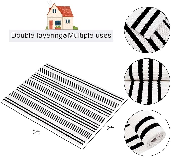 OJIA Front Door Mats Outdoor 24"x35", Cotton Woven Outside Doormat Front Door Rug Washable Indoor Door Mat Black and White Outdoor Rugs Striped Rug for Porch Decor/Farmhouse/Entryway