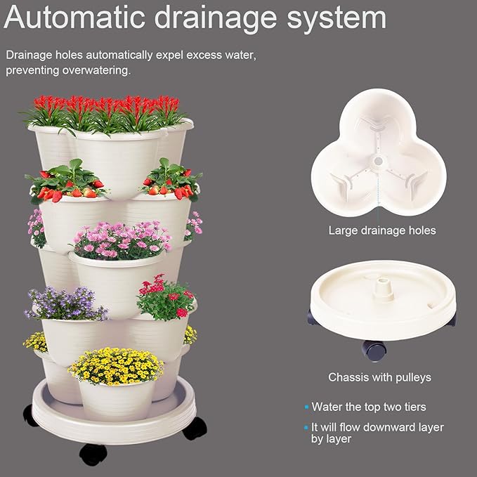 5-Tier Vertical Garden Tower Stackable Planter for Strawberries, Flowers, Vegetables & Herbs 2-Pack Beige