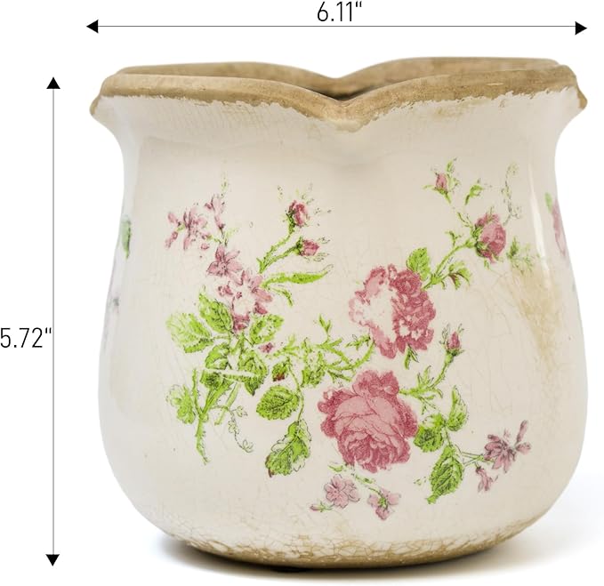 Rustic Ceramic Planter, 6 Inch Tuscan Vintage Flower Pot with Drainage, Farmhouse Garden Pot for Indoor Plants, Kitchen & Garden Tuscan Decor, Plant Lover Gift (Pink)