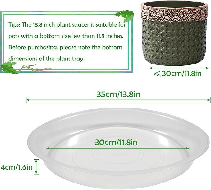 4 Pack 14 Inch Round Plant Saucers for Less 12 Inch Pot Indoors Outdoors Plant Trays for Pots Planter Saucer Plastic Drip Tray Planter Water Tray (Clear, 13.8"(4pcs))