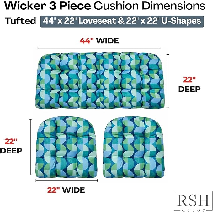 RSH DECOR: 3-Piece Wicker Tufted Cushion Set | 44" x 22" Loveseat & 22" x 22" U-Shapes | Outdoor Replacement Cushions | Water & Fade-Resistant Spun Fabric | Made in USA (Pellp Baltic)