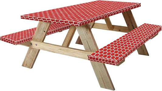 KENOBEE 6ft Picnic Table and Bench Cover, Camping Essentials RV Gear, 72 in Waterproof Windproof Outdoor Elastic All Around Tablecloth, Fitted Rectangle Tables and Seats, Red-White Moroccan