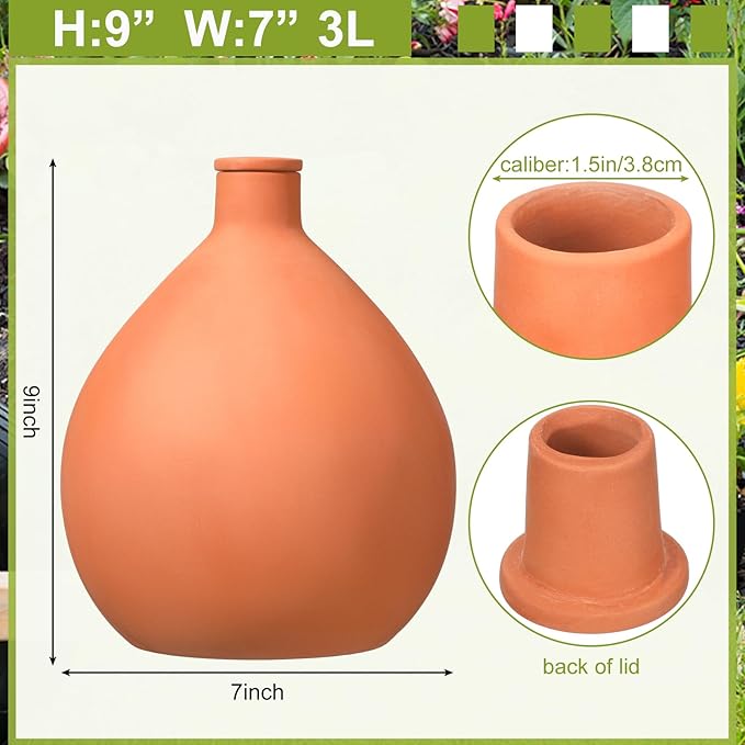 2 Pcs Watering Pots Large Terracotta Watering Pots with Lid 102 oz Terra Cotta Self Watering Pots Water Dripper Automatic Plant Irrigation Devices System for Indoor Outdoor Plants