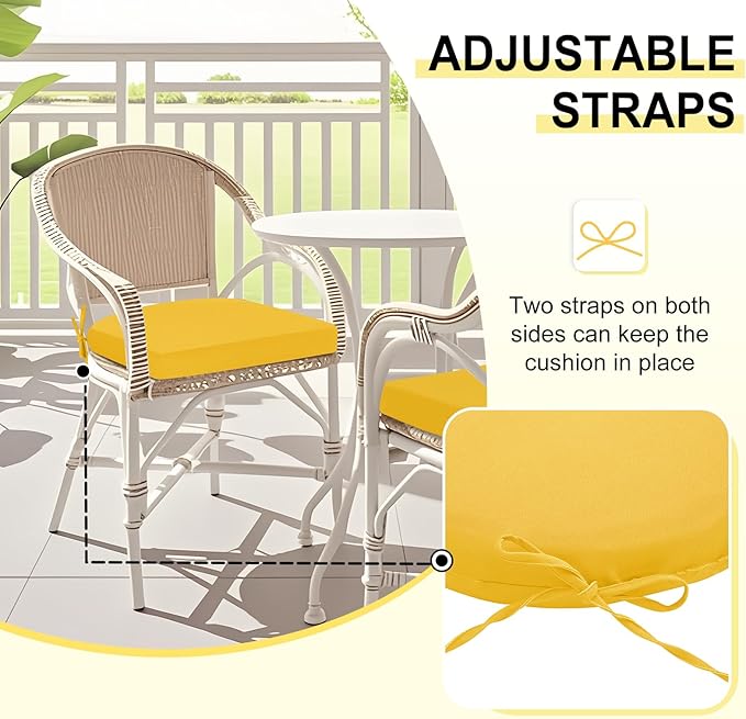 downluxe Outdoor Chair Cushions Set of 6 for Patio Furniture, Water-Resistant Patio Chair Cushions with Ties, High Density Foam Outdoor Seat Cushion, 17" X 16" X 2", Yellow
