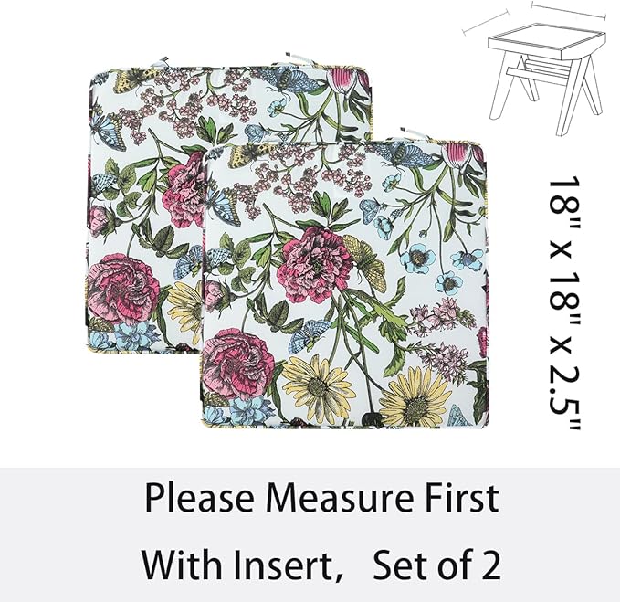 Outdoor Chair Cushions 18x18 Inch,Set of 2,Water Resistant Chair Pads with Ties,Square Seat Cushion 18"x18"x2.5",Patio Chair Cushion for Garden,Backyard Furniture(Butterfly Flower)