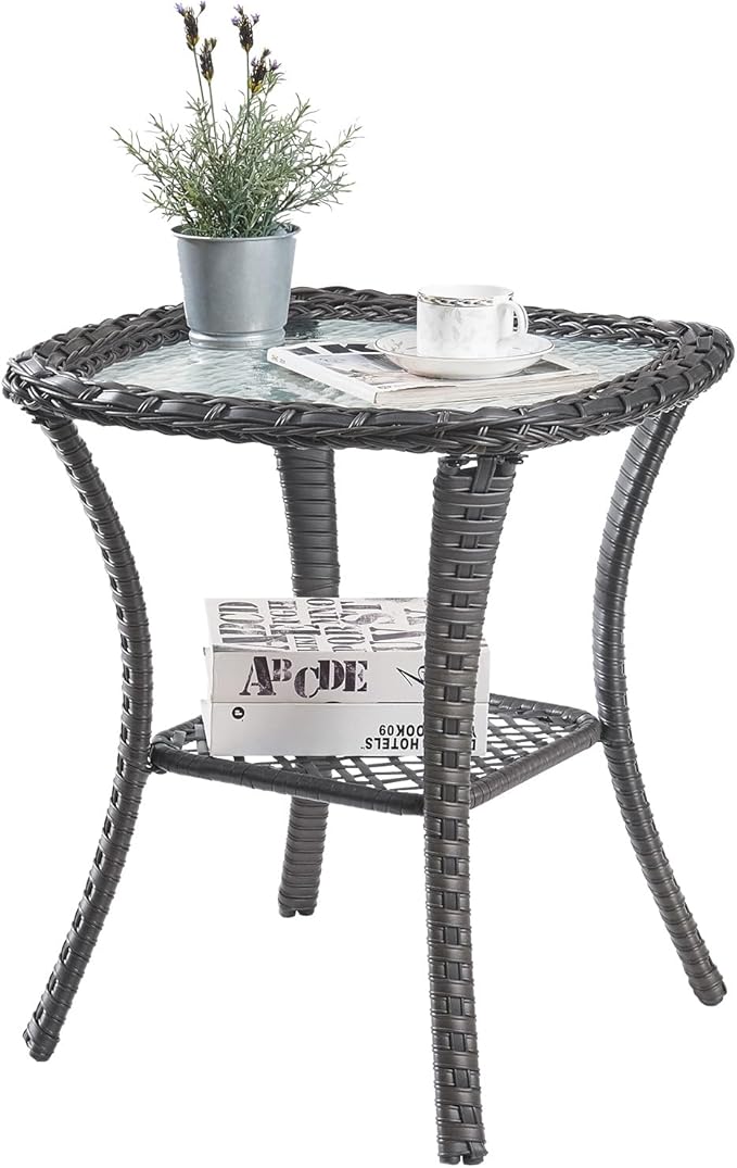 Patio Side Table Glass Wicker Table Outdoor PE Rattan Side Table with Storage Shelf Square Sidetable for Patio Garden Poolside Deck Balcony Porch Yard, Grey
