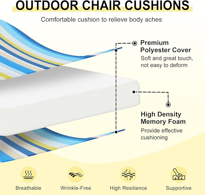 downluxe Outdoor Chair Cushions Set of 4 for Patio Furniture, Water-Resistant Square Corner Patio Chair Cushions with Ties, High Density Foam Outdoor Seat Cushion, 18.5" X 16" X 3", Blue Stripes