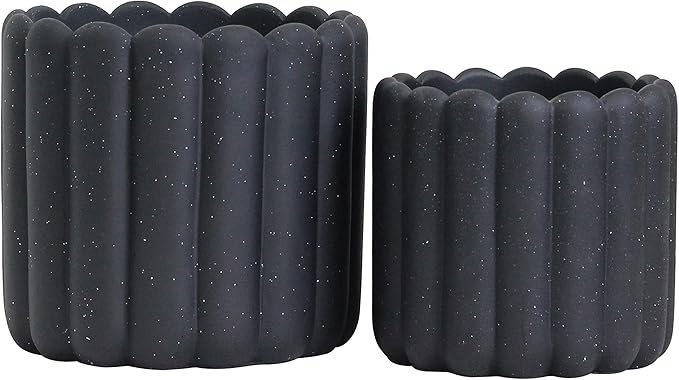 Olly & Rose iOS Vertical Striped Ribbed Plant Pot - Charcoal Speckled Ceramic Planters - 6.6 + 5 Inch Indoor and Outdoor Flower Pots Home Decor (Black Ribbed)