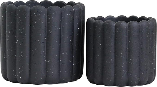 Olly & Rose iOS Vertical Striped Ribbed Plant Pot - Charcoal Speckled Ceramic Planters - 6.6 + 5 Inch Indoor and Outdoor Flower Pots Home Decor (Black Ribbed)