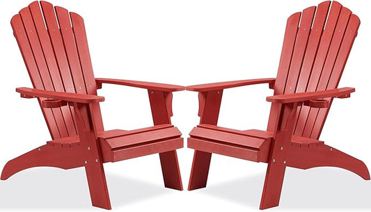 Psilvam Adirondack Chair, Oversized Poly Lumber Fire Pit Chair with Cup Holder, 350Lbs Support Patio Chairs for Garden, Weather Resistant Adirondack Chair Looks Like Real Wood (2, Red)