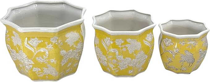 Galt International Yellow & White Round Fluted Floral Porcelain Ceramic Plant Flower Planter Pot Set of 3 (7.5", 10", 13") Garden Pots Chinese Asian Design