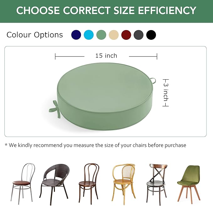 Outdoor Bistro Chair Cushions Set of 4, 15" D x 3" H Round Chair Cushions Waterproof and Fade Resistant Chair Cushion Pads with Non-Slip Ties and Removable Covers for Garden, Sage Green
