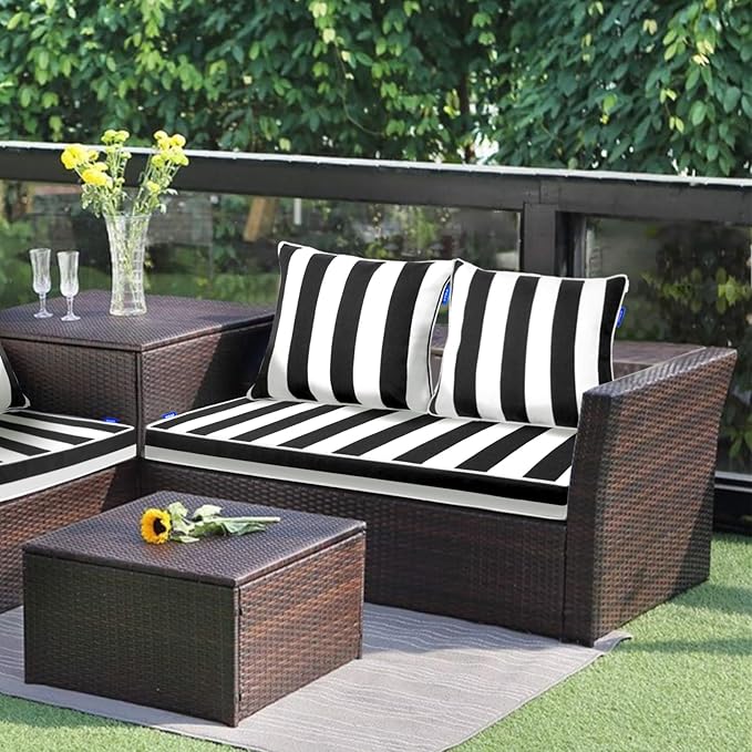 Outdoor Loveseat Cushion Set 44''x24'', Outdoor Cushions for Patio Furniture with Fastness Cover, Water Repellent Outdoor Seat Cushion and Couch Back Cushions for Bench, Swing (Black Stripes, 2 Sets)