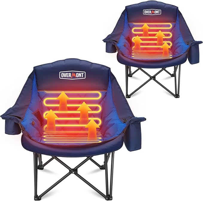 Overmont 2PCS Heated Oversized Camping Chair for Adults - 3 Heat Levels Seat & Back Separately Control - 400lbs Support Heavy Duty Padded Folding Chair Outdoor Garden Portable - Battery NOT Included