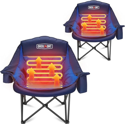 Overmont 2PCS Heated Oversized Camping Chair for Adults - 3 Heat Levels Seat & Back Separately Control - 400lbs Support Heavy Duty Padded Folding Chair Outdoor Garden Portable - Battery NOT Included