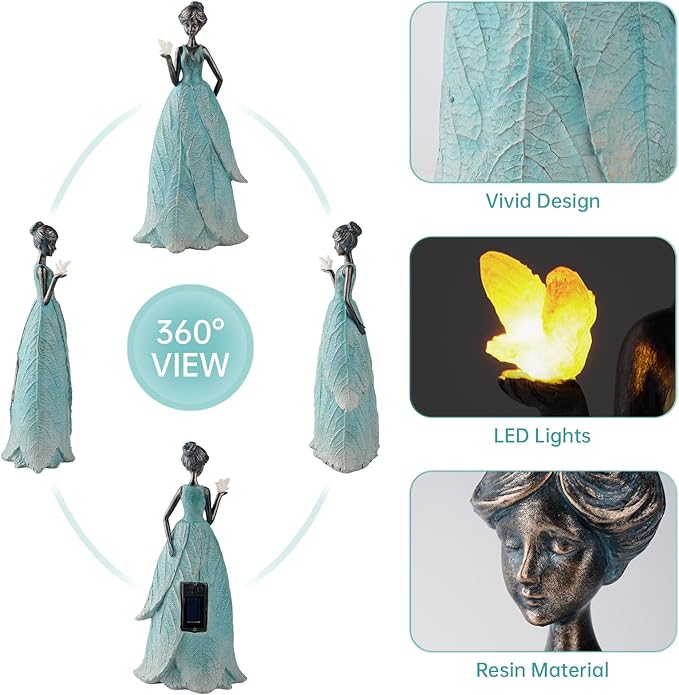 Solar Fairy Statue Collection Home Decoration 12.9 in - Leaf Angel Girls Resin Home Garden Decor for Outside or Inside Rustic Fairy Garden Outdoor Yard Figurines Gifts for Women
