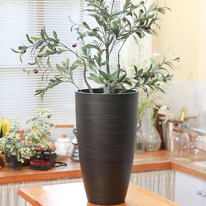 Tall Round Planter 2Pack-11.8"W*21"H Dark Wooden Grain Finish Flower Pots Indoor Decorative Container Garden Patio Outdoor Indoor Plants Unbreakable Resin With Drainage Hole&Movable Insert Shelf